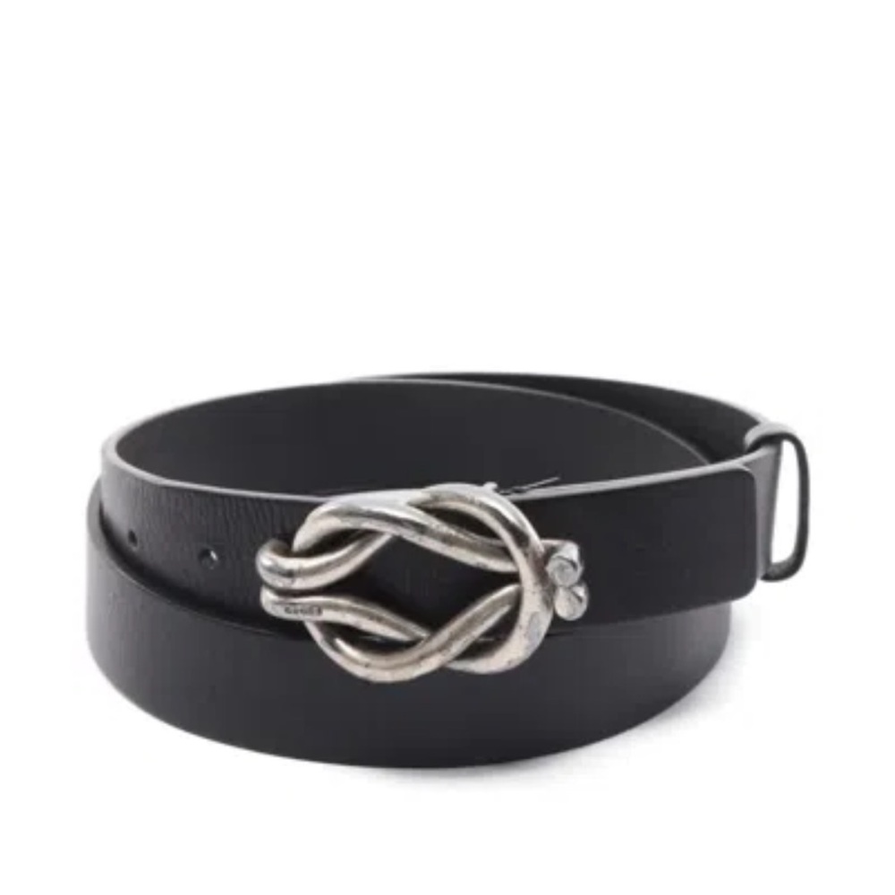 Authentic Gucci Black Leather Belt with Twisted Silver-Tone Knot Buckle Men’s
